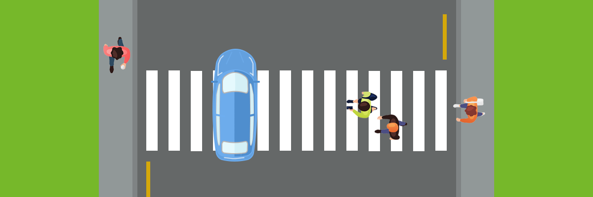 Overhead illustration of people crossing a street at a crossing with a car moving through it