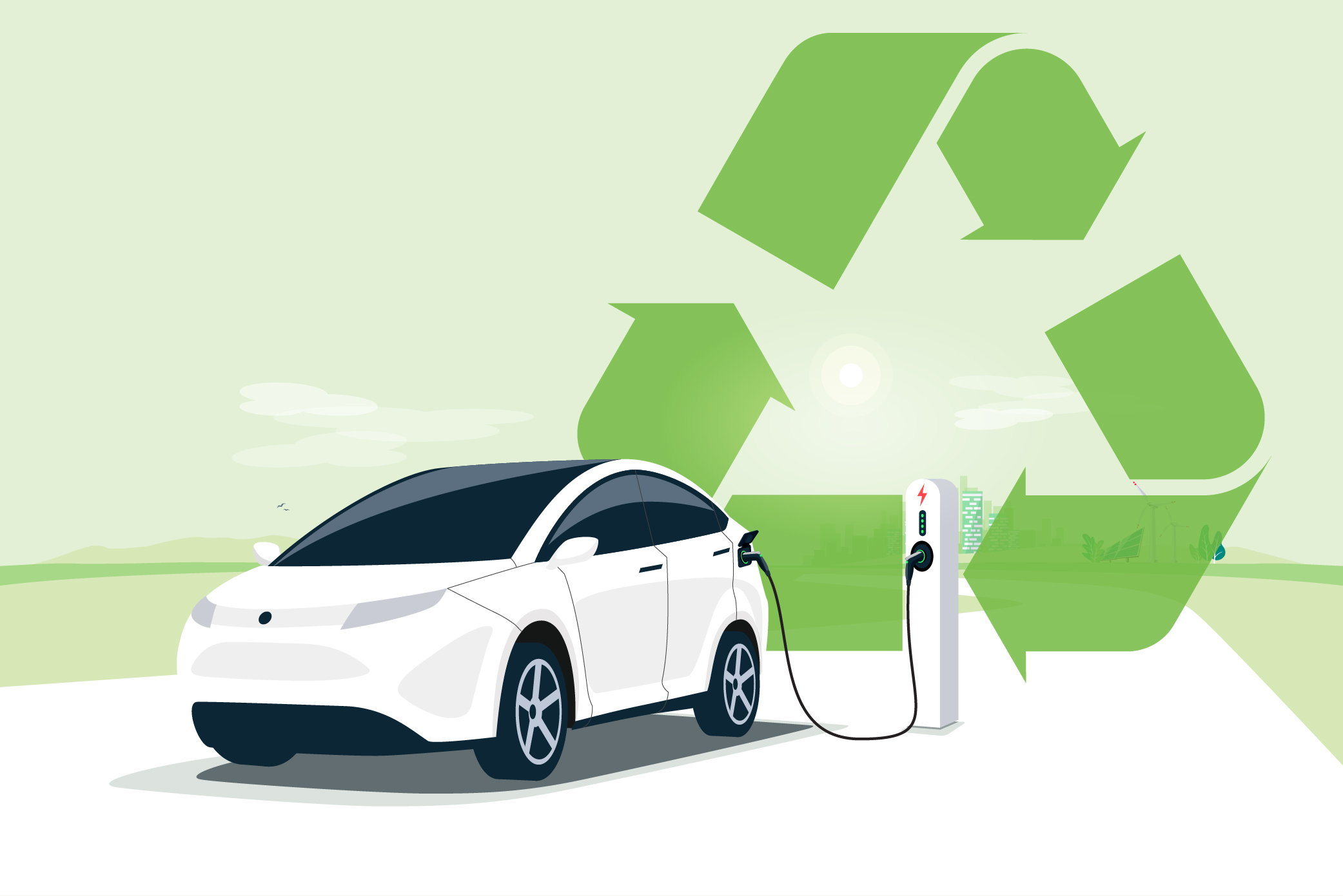 Illustration of a white electric vehicle charging with a green recycling symbol behind it