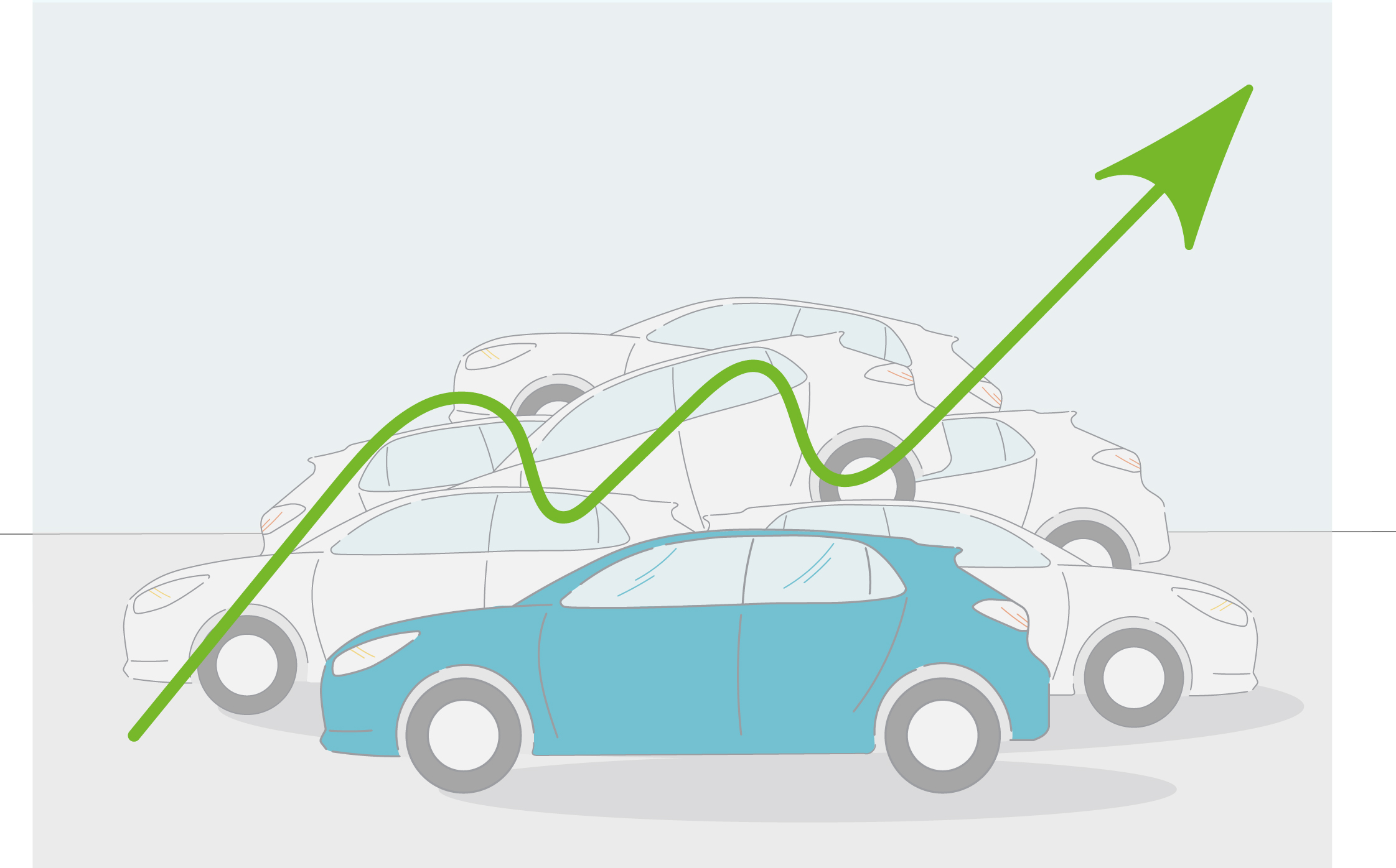 Illustration of cars with a chart line overlaid showing an increase