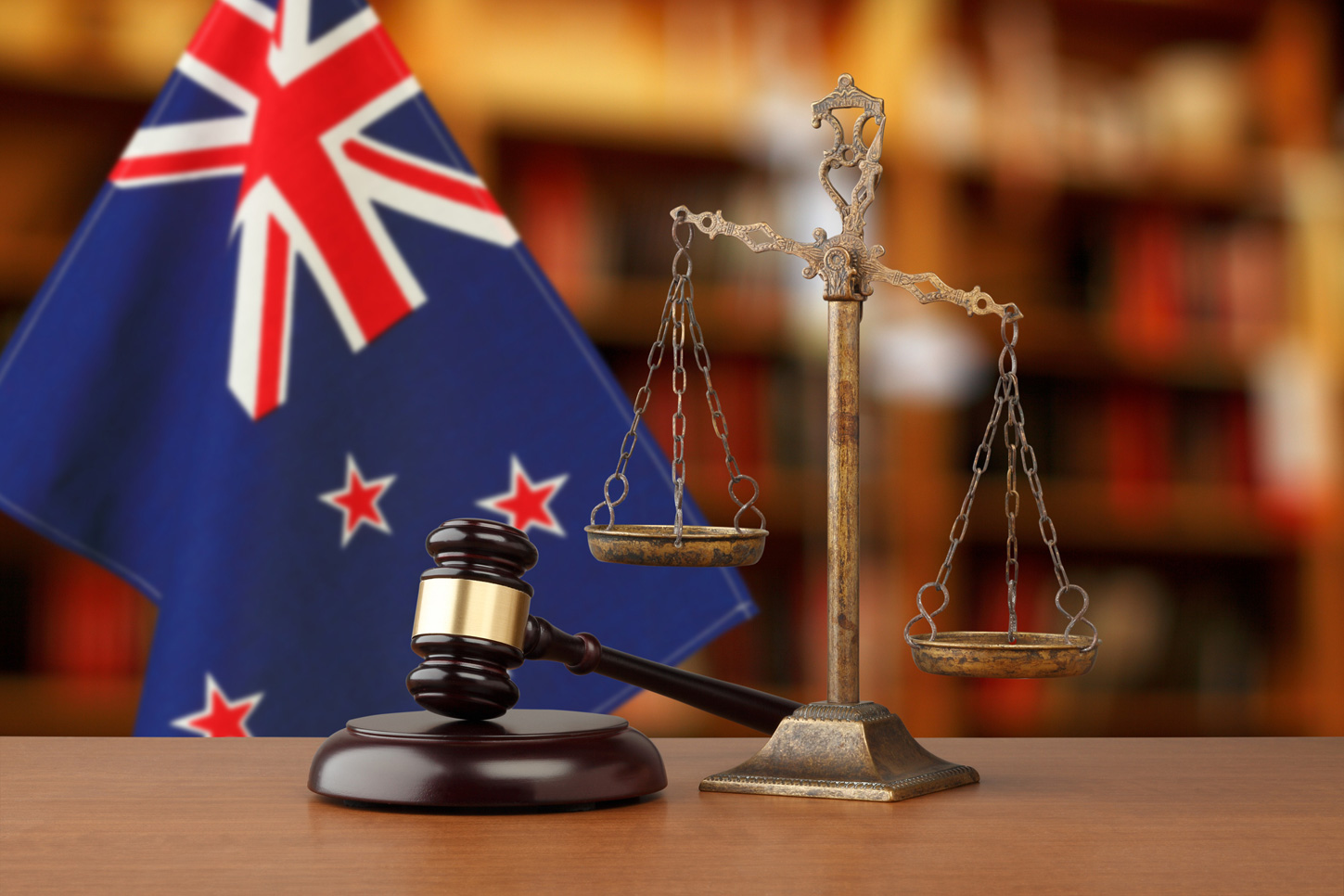 NZ flag, gavel and scales