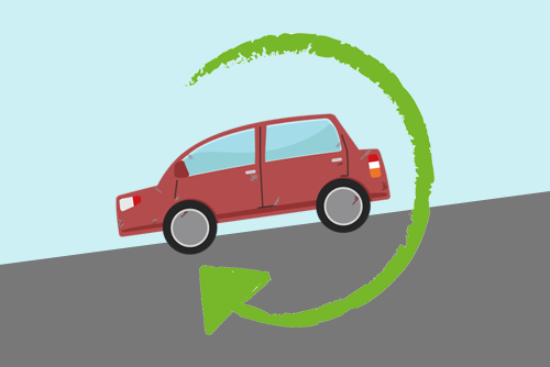 Illustration of an old red car with scratches within a green recycling symbol