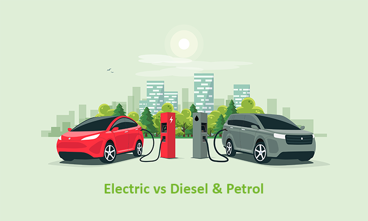 Illustraion of an electric vehicle charging and a Petrol vehicle being fuelled. Title reads: Electric vs Diesel and Petrol