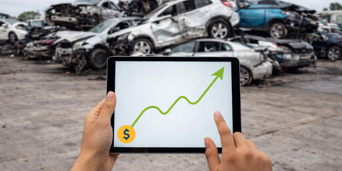 An image of hands holding an iPad with a chart and $ in the background to the scene is a pile of scrap cars
